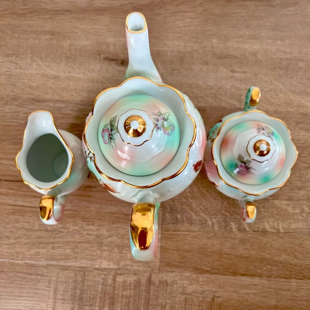 Vtg 1945’s Schumann Bavaria Wild Rose Blush Coffee Pot, Creamer, Sugar Bowl Set - Picture 5 of 9